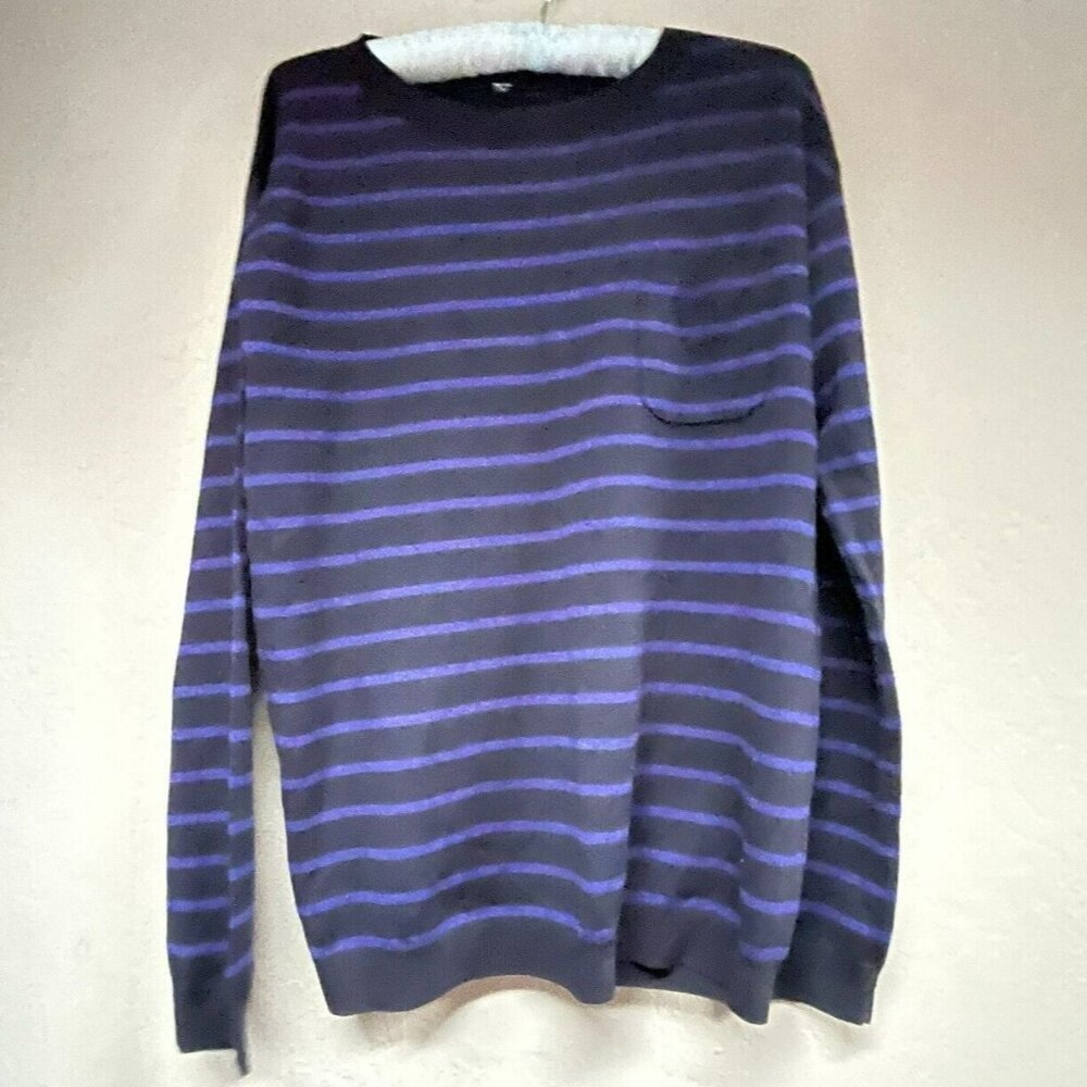 Uniqlo Men's Medium Pullover Black and Blue Striped Sweater Pure New Wool
